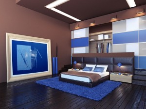 Moderna habitación, con detalles color azul y marrón