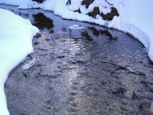 Postal: Agua fluyendo en el río nevado