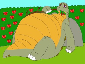 Postal: Dinosaurio tumbado y comiendo