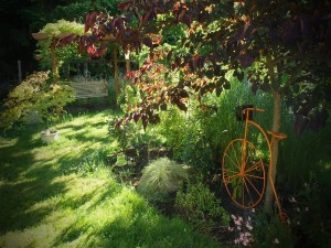 Bicicleta decorando un jardín