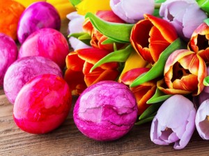Huevos de Pascua y tulipanes