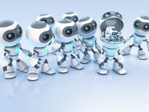 Postal: Pequeños robots, blancos y azules