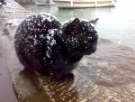 Un triste gato callejero bajo la nieve