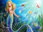 Sirenita y peces felices bajo el mar