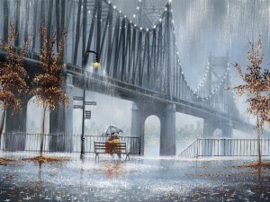 Pareja junto al puente un día lluvioso