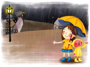 Postal: Amigos bajo la lluvia