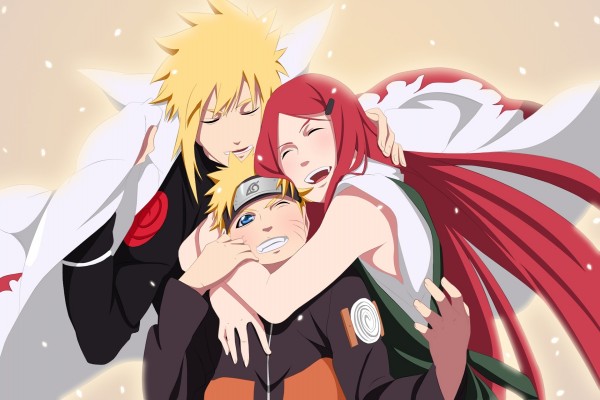Naruto abrazado por sus padres