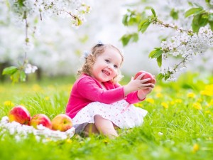 Postal: Alegre nena junto a unas manzanas
