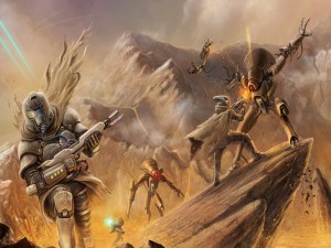 Robots y soldados en las rocas "Destiny"