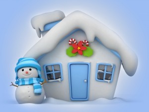 Postal: Muñeco de nieve junto a su pequeña casita