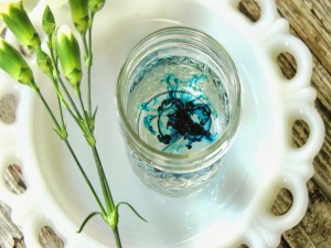 Postal: Tinte azul en un vaso y unos claveles