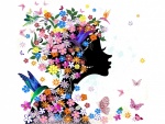 Silueta de mujer cubierta de flores, mariposas y pajaritos
