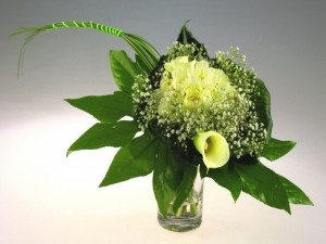 Postal: Ramo de novia con flores blancas y grandes hojas verdes