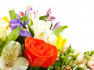 Postal: Ramo de flores con alstromerias, tulipanes, lirios y rosas
