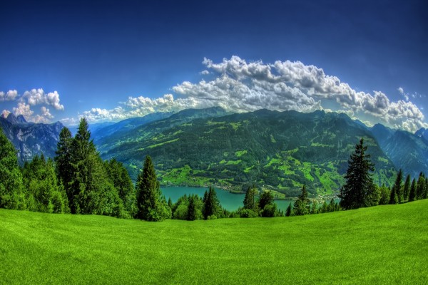 Montañas verdes junto a un lago