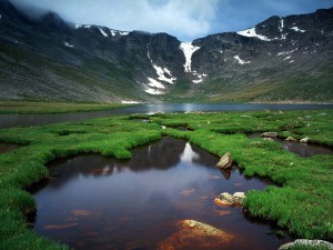 Un lago con piedras y hierba junto a la montaña