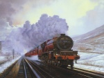 Pintura de una locomotora atravesando montañas con nieve