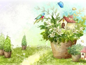 Casa entre las flores de la maceta