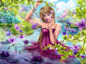 Mujer en el agua del río rodeada de flores y mariposas
