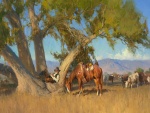 Pintura de un vaquero descansando en un árbol