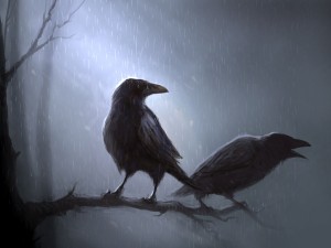 Postal: Cuervos negros bajo la lluvia