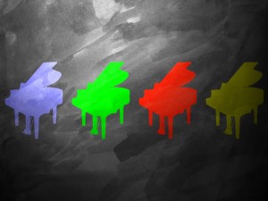 Postal: Pianos de varios colores