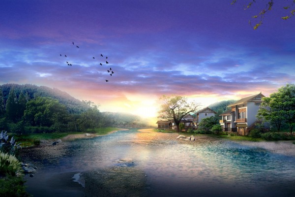 Casas junto a un río en plena naturaleza