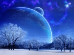 Planetas y un brillante cielo próximos a un campo nevado