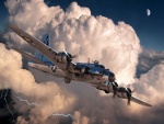 Avións B-17G volando entre nubes y tormentas eléctricas