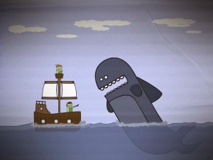Postal: Gran ballena atacando al barco pirata