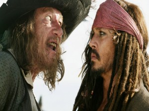 Postal: El Capitán Héctor Barbossa y Jack Sparrow "Piratas del Caribe"