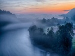Niebla sobre el río al amanecer