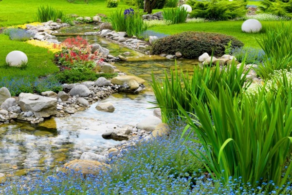 Un arroyo en un hermoso jardín