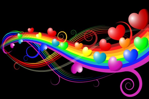 Corazones flotando en el arcoíris de amor