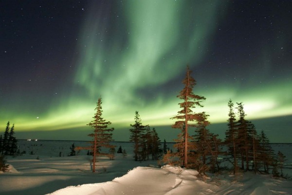 Aurora boreal iluminando el paisaje nevado
