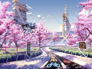 Postal: Cerezos en flor y un carril bici futurista en Japón