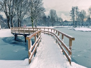 Puente de madera en invierno