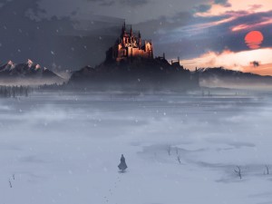 Postal: Caminando sobre la nieve hacia el castillo