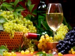 Una copa con vino blanco y uvas sobre la mesa