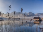Niebla en el lago y las montañas al amanecer