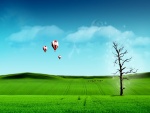 Árbol mágico y globos en un gran prado verde