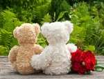 Dos osos de peluche junto a un ramo de rosas