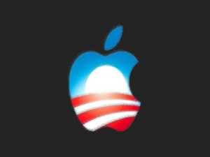 Logo de Apple de color azul, rojo y blanco