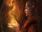 Un pequeño dragón de fuego en las manos de una mujer