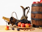 Bodegón con vino, frutas y avellanas