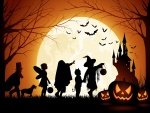 Niños llegando al castillo embrujado en la noche de Halloween