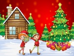 Duendes felices poniendo regalos en el árbol de Navidad