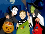 Tres niños disfrazados y pidiendo dulces en el día de Halloween