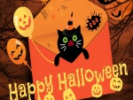 Un divertido gato negro te desea "Feliz día de Halloween"