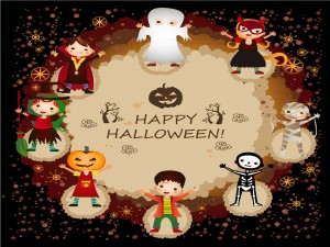 Postal: Los niños disfrazados te desean ¡Feliz Halloween!